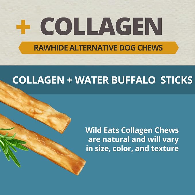 Wild Eats Water Buffalo Collagen Sticks for Dogs (25 Pack, 0.6 cm Wide) Long Lasting Dog Chews, No Hide Dog Treat Bully Stick Alternative, Rawhide Free, Grain Free, High Protein