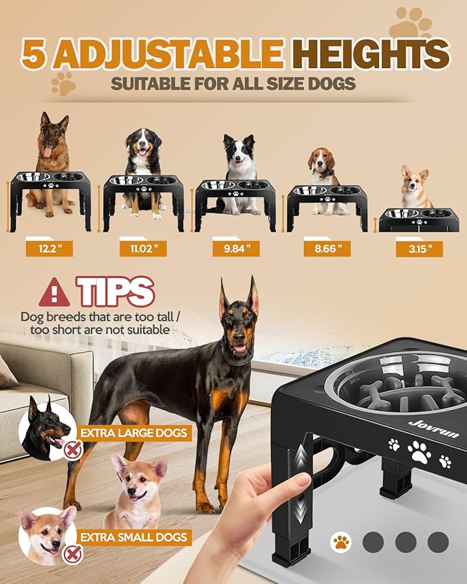 Jovrun Elevated Dog Bowls for Small Medium Large Size Dogs, Non-Slip Dog Feeder with 2 Food Water Bowls, 2-5 Heights Adjustable Raised Bowls Stand