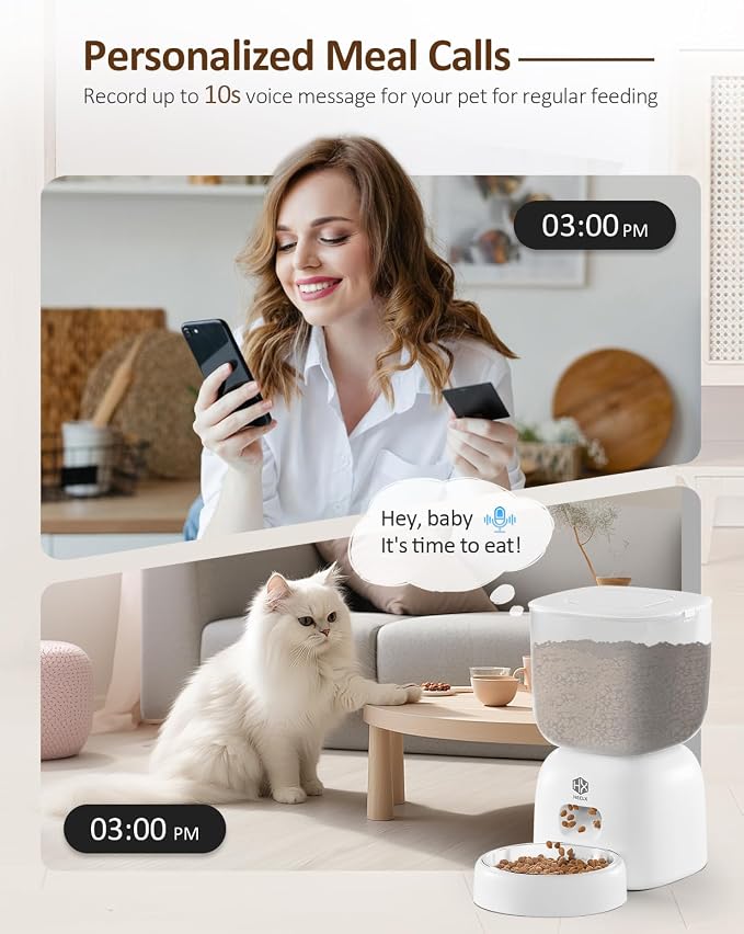 HX HECLX Automatic Cat Feeder with 3L Dry Cat Food Dispenser and 2L Water Fountain, Timed Dog Feeder with Portion Control and Daily Meals, Wire/Battery Automatic Feeders, White