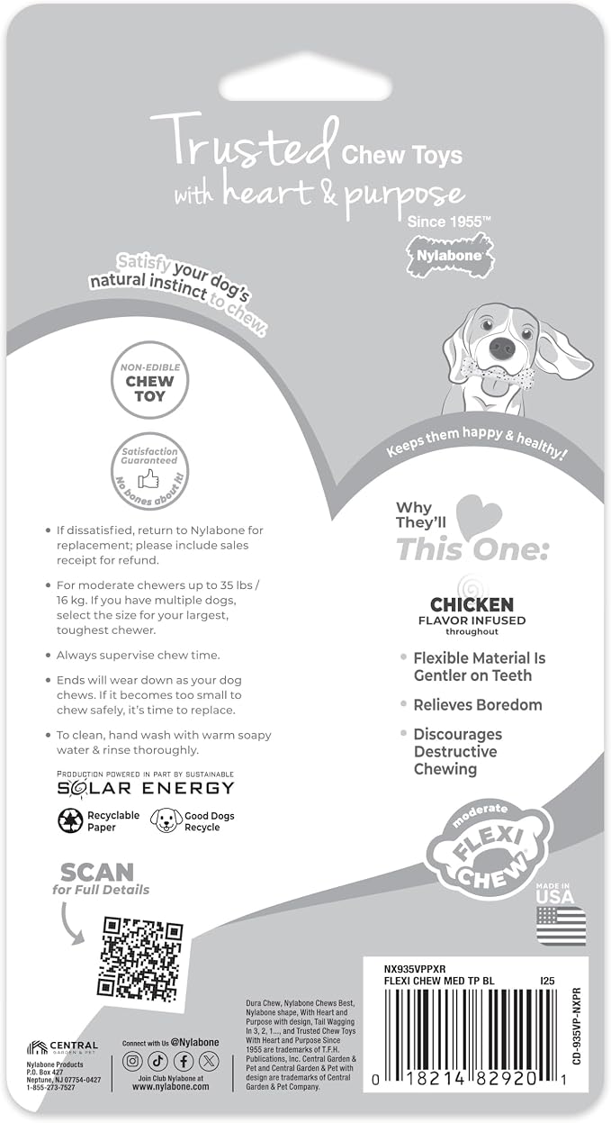 Nylabone Flexi Chew Original Bone & Textured Bone Dog Chew Toys, 2 Count | Chicken flavor, medium breeds, flexible material, gentle on teeth, freezable, great for seniors, for dogs up to 35 lbs