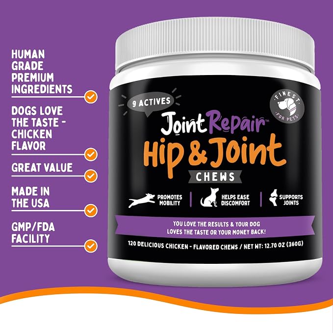 Joint Repair Dog Hip and Joint Supplement with Glucosamine, Chondroitin, Omega 3, MSM & Turmeric. Supports Hip & Joint Health, Mobility & Cartilage Development. 120 Chicken Flavor Chews, Made in USA