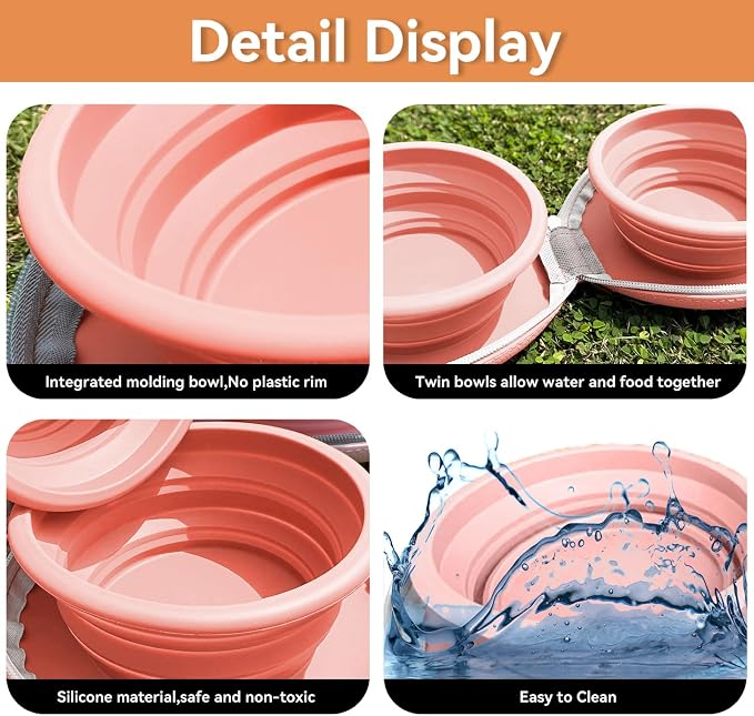 Collapsible 2-in-1 Dog Bowls, Leakproof Double Silicone, Pink