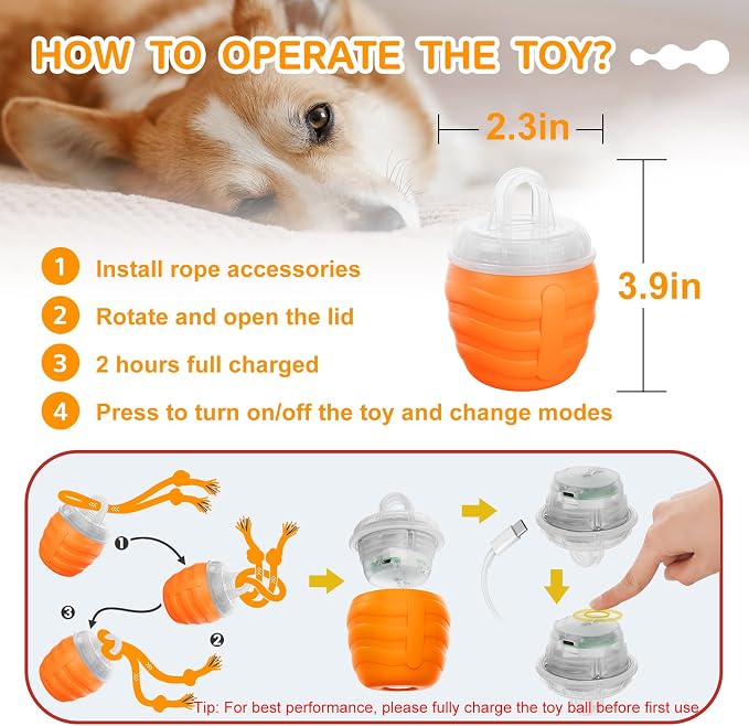 Interactive Dog Toy, [Newly Upgraded] Motion Activated Rolling Ball for Small Dogs, Automatic Moving Dogs Ball for Boredom, USB Rechargeable(Orange)