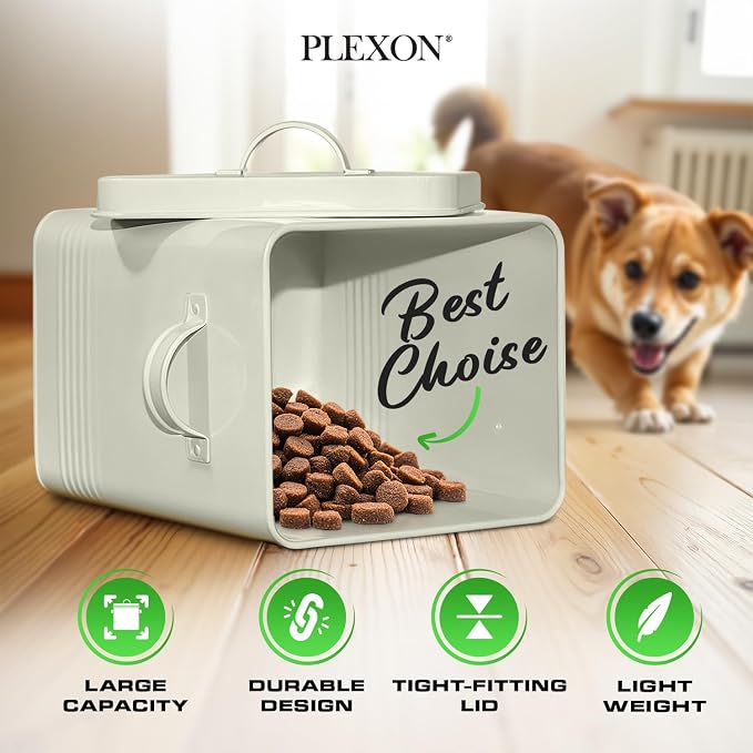 Plexon Metal Dog Food Storage Container with Scoop, 1.5 Gallon, 7 lbs, Off-White