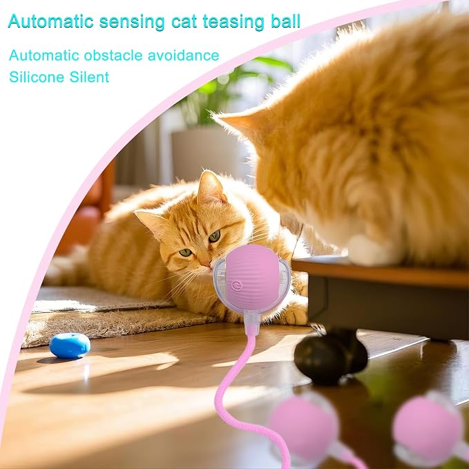 Interactive Cat Dog Toy Ball: Indoor Automatic Moving Smart Rolling Fun Pet Game with Led Light and Tail for Motion Activated, Kitten Puppy Present, Chase Exercise, Hunting Simulation-Upgrade (Pink)