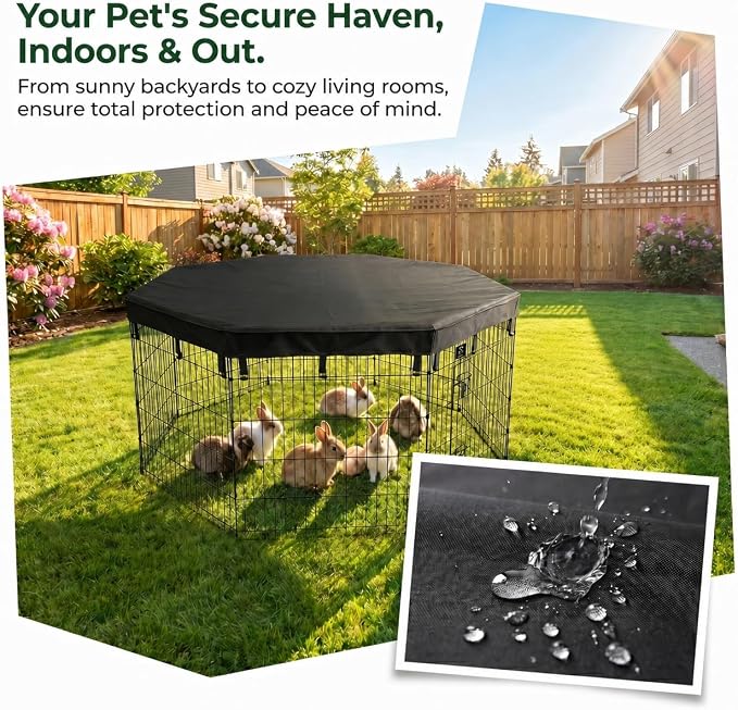 PJYuCien 2-in-1 Octagonal Dog Playpen Pad, 24" Side Waterproof Bottom Liner Escape-Proof Top Cover, 600D Oxford with Snap Hooks for Puppy Small Animals, Black
