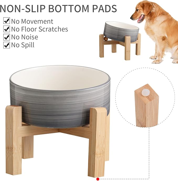 Elevated/Raised 15°Tilted Anti Slip Ceramic Dog Bowl for Small/Medium Breeds,Slanted Bulldog Big Face Pet Food Water Feeding Dish with Stand for Cats and Dogs (3.6 Cups/28 OZ) Grey White