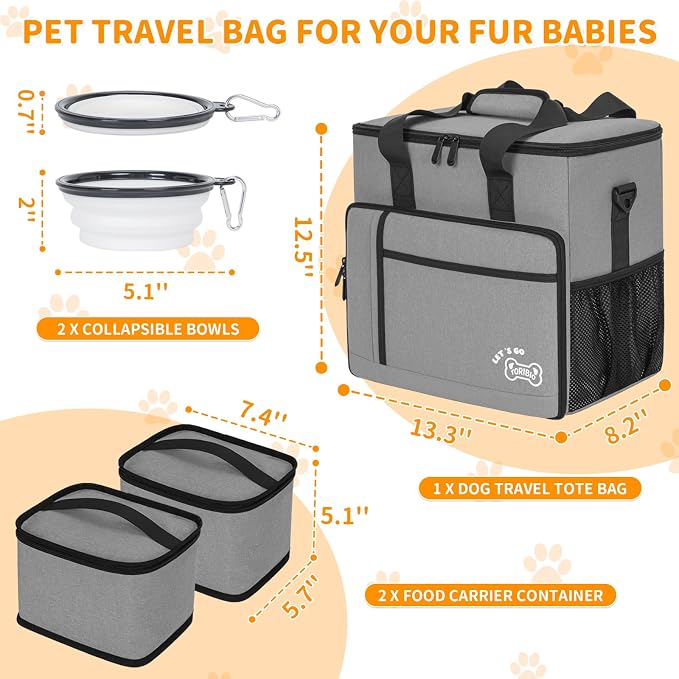TORIBIO Dog Travel Bag,Large Pet Travel Bag for Supplies with 2 Food Container and Collapsible Bowls,Dog Travel Supplies Organizer Kit for Weekend,Road Trips,Camping