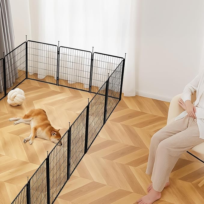 Amazon Basics Dog Playpen, 8 Panels Metal Fence with Door, Foldable for Indoor and Outdoor Use, Suitable for Small to Medium Sized Dogs, 30 Inch Height, Black
