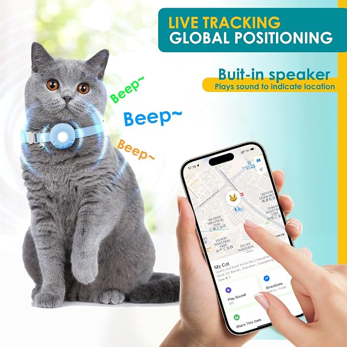 Cat Tracker, GPS Tracker Compatible with Apple Find My App(Only iOS),Cat Tracker Collar with Bell and Safety Elastic Buckle,No Monthly Fee,Territory & Location History,Blue