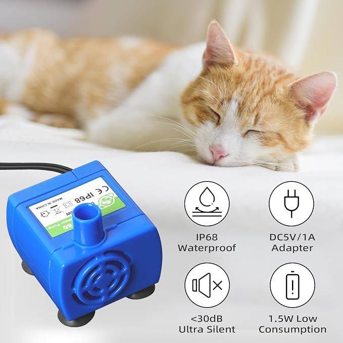 Cat Water Fountain Pump replacement(No Led & with Brush), IP68 DR-DC 160 submersible motor Submersible Water Pump for Stainless Steel, Ceramic Cat Water Fountain, Ultra Quiet Pet Fountain Pump