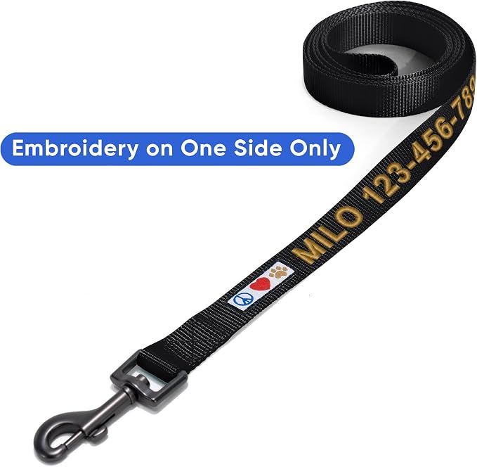 Pawtitas Personalized 6 ft Black Dog Leash XS/S Custom Name and Phone Embroidery Strong Nylon Leash for Small Breeds