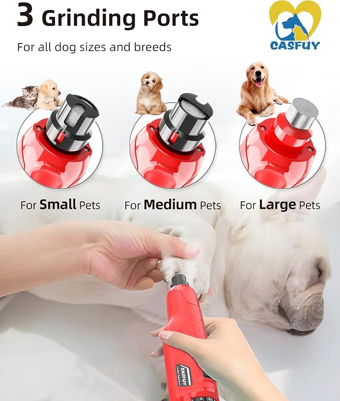 Casfuy 6-Speed Dog Nail Grinder with 2 LED Lights - Red