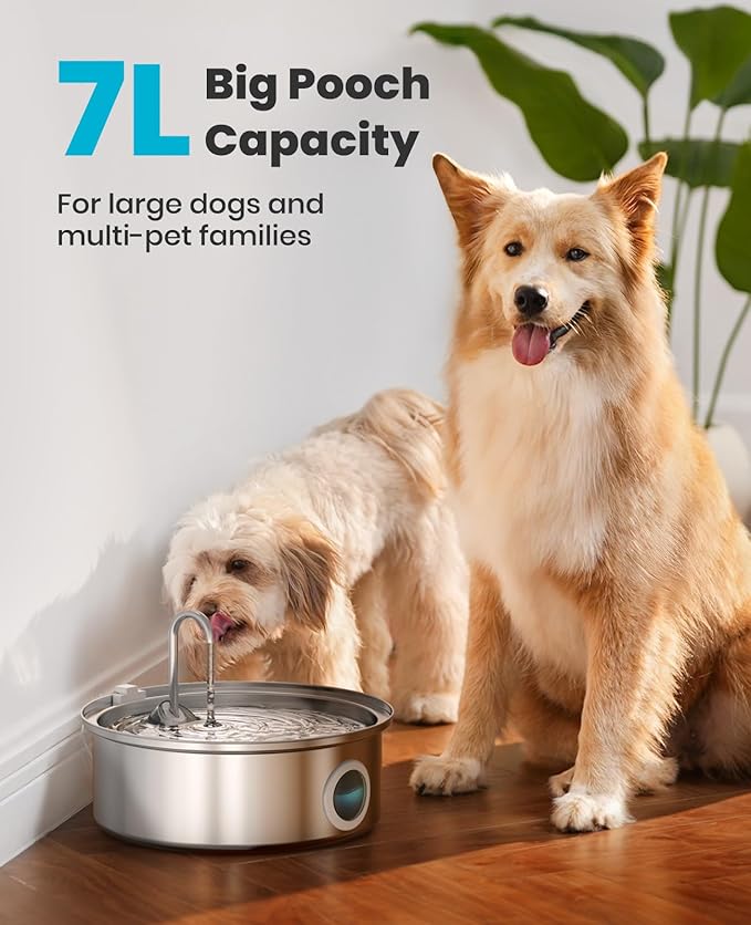 oneisall Dog Water Fountain,7L/230oz Pet Fountain Stainless Steel with Visual Water Level,Ultra-Quiet Water Bowl with 5-Stage Filtration for Large/Medium Dogs,Dispenser for Living Room Kitchen