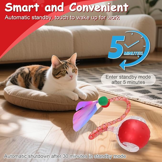 Interactive Cat Toys Smart Ball for Cats & Dogs! Now with 2 Rapid Tails. Features: 360°Auto-Rolling, Motion Activation& Bird Sounds. Perfect for Indoor Pet Exercise & Fun. (Red1)