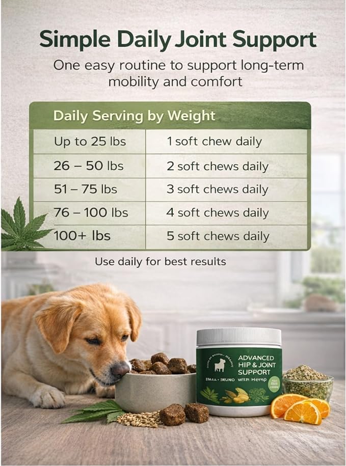 Emma + Bruno Hip & Joint Soft Chews for Dogs – Mobility Support with Glucosamine, MSM & Chondroitin, Hemp Seed Oil – Duck Flavor – 120 Soft Chews