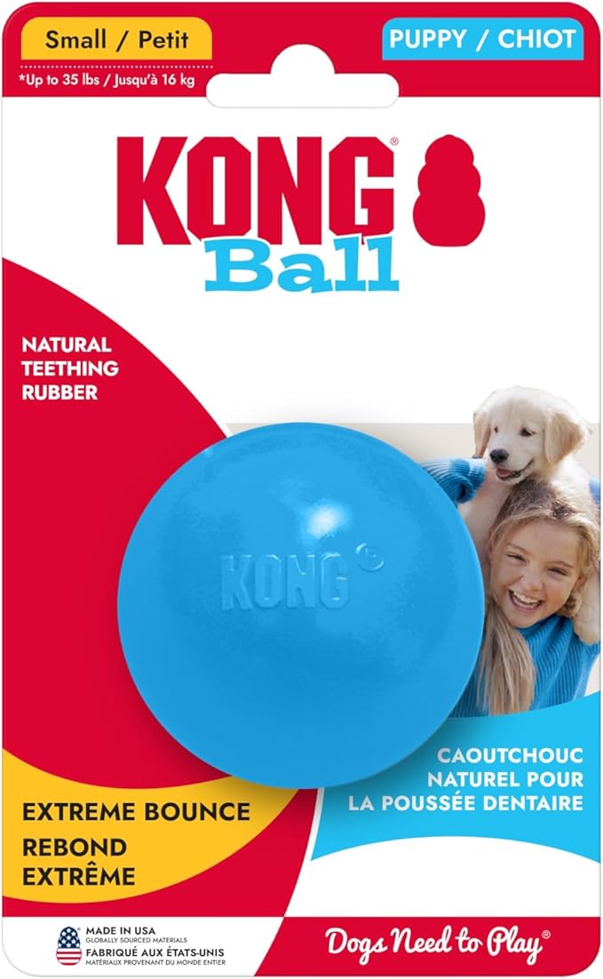KONG Puppy Ball with Hole, Natural Rubber Teething Toy, Small Puppies, Blue | Soft & Durable Activity Ball That Supports Healthy Exercise, Interactive Play & Natural Teething for Puppies