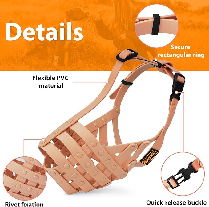 Pitbull Dog Muzzle for Large Medium Dogs Prevent Biting Scavenging | Fits Rottweiler Amstaff Broad-nosed Breed, Sturdy Breathable Basket, Training Walking Use, Allows to Drink | Apricot, L