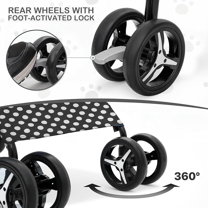 MoNiBloom 4-Wheel Foldable Pet Stroller - Black Polka Dots