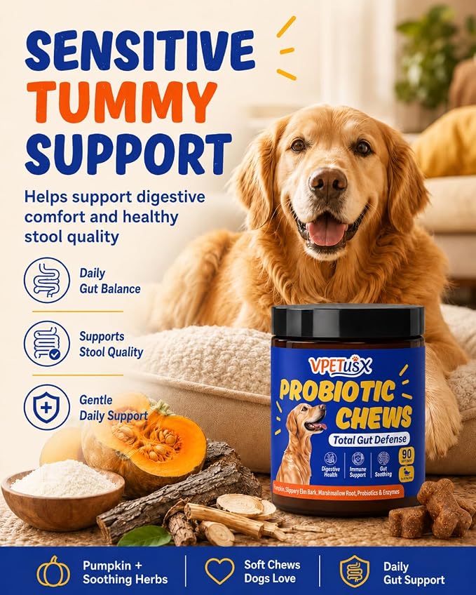 Advanced Dog Gut & Immune Support - Probiotics for Dogs Upset Stomach & Gas Relief with Pumpkin, Slippery Elm,Colostrum & Digestive Enzymes, (Duck Flavor 90 ct)