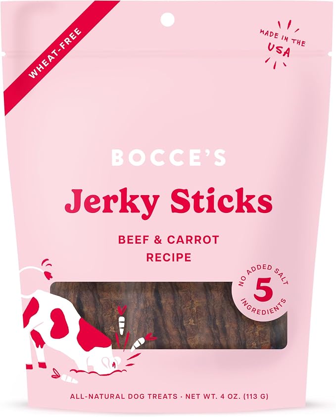 Bocce's Bakery Jerky Stick Dog Treats, Wheat-Free, Made with Limited-Ingredients, Baked in The USA with No Added Salt or Sugar, Natural & High-Protein, Beef & Carrot Recipe, 4 oz