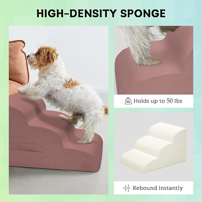 Mesa Lemon Dog Steps for Small Dogs, 3-Step Pet Ramp Stairs for High Beds and Sofa, Non-Slip Pet Stairs for Small Dogs and Cats, Removable and Easy to Clean Cover, Pink