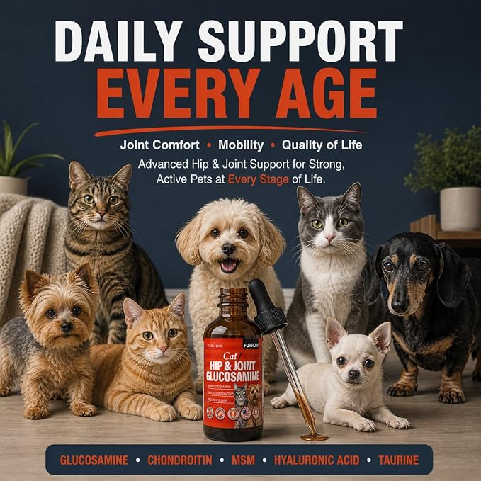 Furrow Liquid Glucosamine for Cats and Small Dogs — Hip & Joint Supplement with MSM, Chondroitin, Taurine & Hyaluronic Acid, Chicken Gravy Flavor — Joint Support for Pets Under 22 lbs