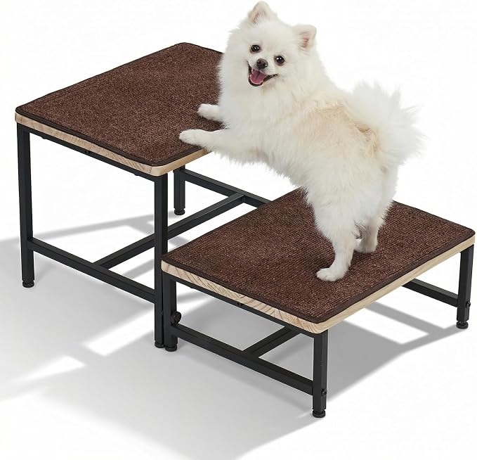 Veehoo Dog Steps for Couch Bed with Metal Frame, 2 Step 12" H Small Stairs for Dogs to Get on Bed with Non Slip Rug Surface, Wooden Portable Doggie Stairs Puppy Steps Doggy Ramp Pet Ladder 16" W