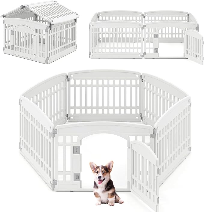 Giantex 6 Panel Dog Playpen, 24'' Tall Plastic Pet Fence with Lockable Door, Indoor Outdoor Puppy Exercise Pen for Small Medium Dogs, Configurable into Square, Rectangle or House-Shaped Layout