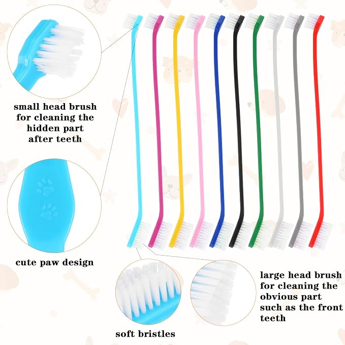 300Pcs Dog Toothbrushes Bulk Dual Headed Dog Teeth Long Handle Plastic Brush Tooth Brush for Large Small Dogs Cats Puppy Teeth Cleaning Dental Care Supplies 10 Colors+