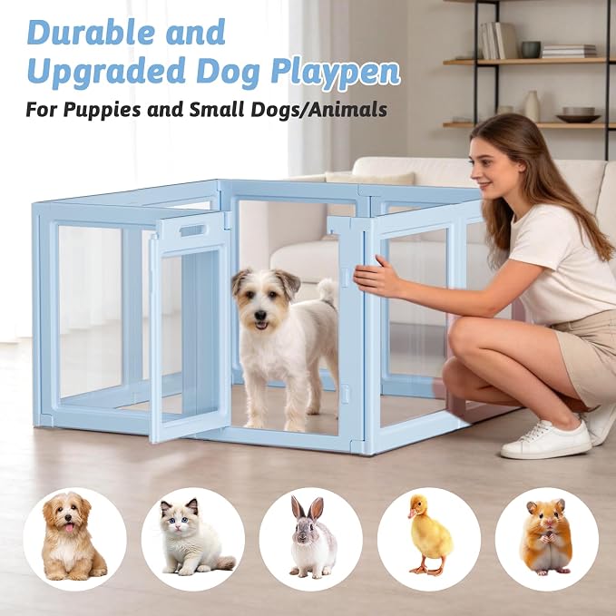 DIY Clear Acrylic Dog Playpen House,Quick Easy Assembly and Disassembly,Strong Floor Suction,Indoor and Outdoor Use,Easy Cleansing Puppy Fence (Sky Blue, 30.3" H, 8PCS)