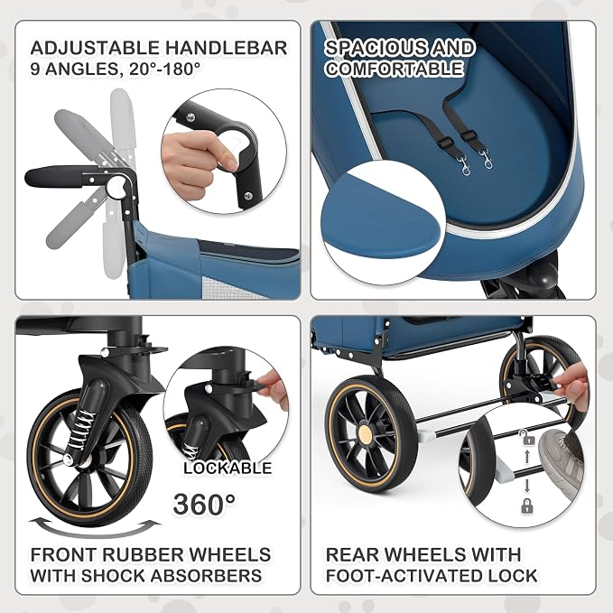 MoNiBloom Pet Stroller for Large Dogs or Dogs Cats up to 55 lbs, Navy Blue | with Adjustable Handle, 3-Wheels Dual Entry Portable Dog Carting Easy Folding Pet Wagon Double Multiple Dog Stroller