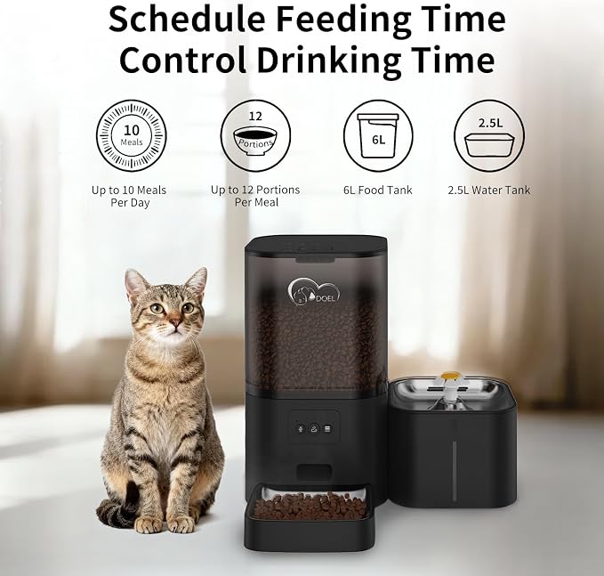 DOEL 2.4GHz WiFi Automatic Cat Feeder and Water Fountain, 6L/24 Cups Timed Dry Food Dispenser for 2.5 Weeks, with APP Remote Control, Voice, for Small Medium Dog Puppy Kitten