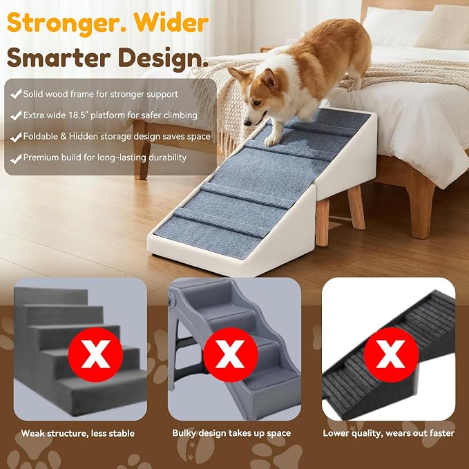 Dog Ramp for Small Dogs, 15.7" H 3-in-1 18.5" Extra Wide Foldable Ottoman & Hidden Storage Design Dog Stairs for Couch Sofa, Non-Slip Pet Steps for Puppy Senior Injured Dogs (White)