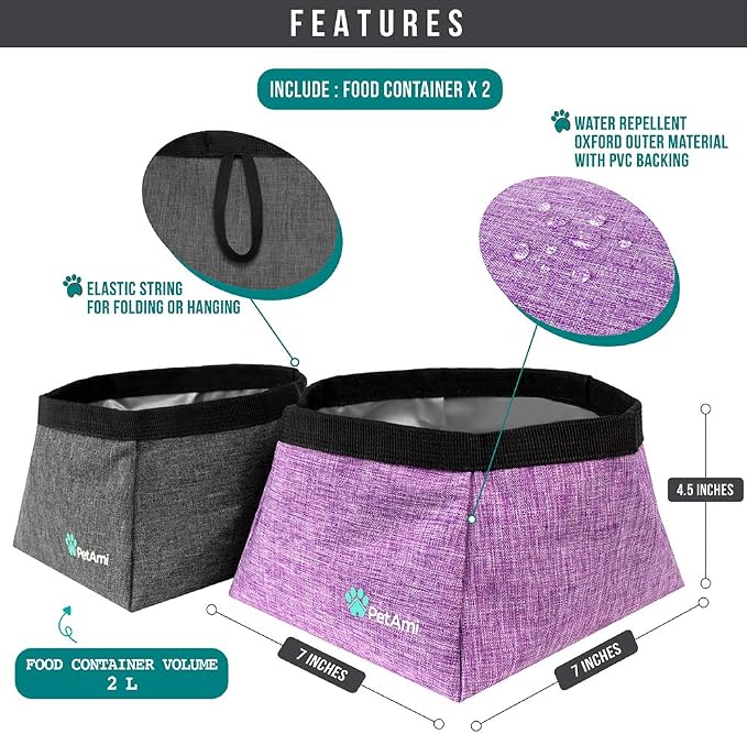 PetAmi Collapsible Dog Travel Bowls, Large, 2 Pack, Purple & Grey