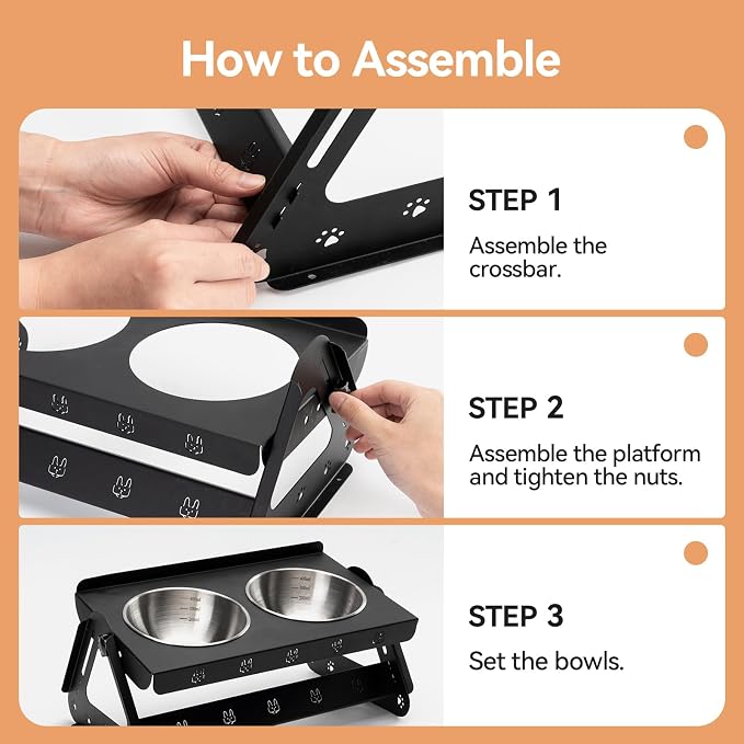 JUNSPOW Elevated Dog Bowls with 2 400ml Stainless Steel Bowls for Small Medium Dogs Cats, 3.35''-6.3'' Height Adjustable and 15° Tilted Adjustment Raised Stand, Lifted Pet Food & Water Feeder
