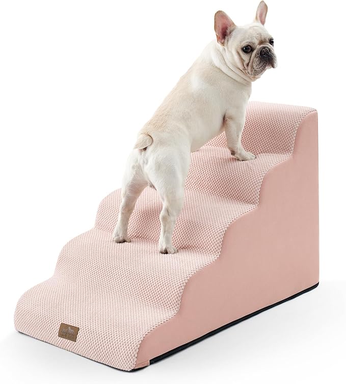 COZY KISS Extra Wide Dog Stair for Small Dog, 5 Step Pet Ramp for Bed | Curved Stable Dog Step for Puppy, Older Cat, Senior, Medium, Short-Legged Dog, Non-Slip Ladder for High Bed, 22.4" H, Pink