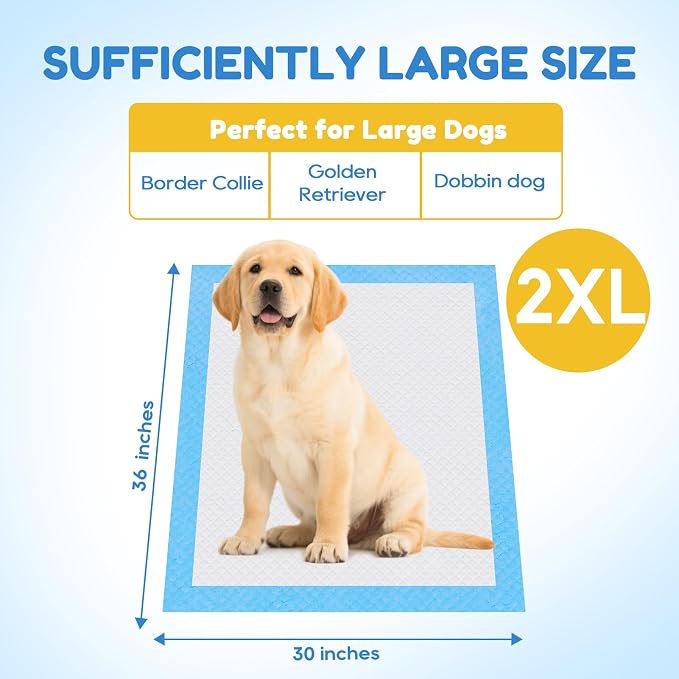 JollyMate 30"x36" Dog Pee Pads Extra Large, 50 Pack XX-Large Super Absorbent Pet Pee Pads with Adhesive Tabs, 6 Layers Thick Leak-Proof Potty Pads for Dogs and Puppies