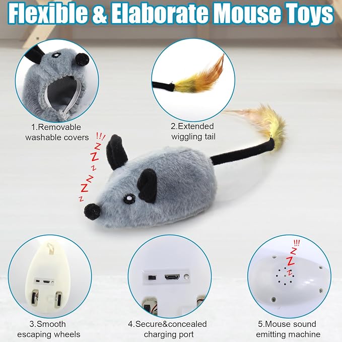 Interactive Dog Toys, Fake Mouse Moving Dog Toy with Automatic Sensor | Dog Mouse Toy with Realistic Sound & Extended Tail, Automatic Dog Toy for Cats Dogs Pet, Squeaky Dog Toys Remote Control Gray