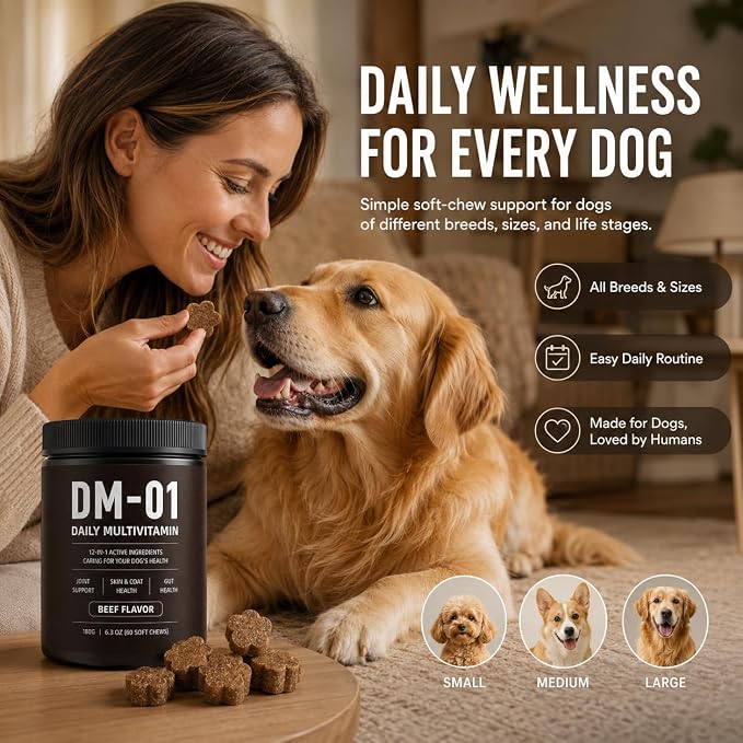 DM-01 Daily Multivitamin Itch Relief for Dogs, 12-in-1 Soft Chews with Glucosamine, MSM, Probiotics, Salmon Oil & Vitamins, Joint & Gut Support, Every Dog is Family, Loved by Humans, Beef, 60 Count