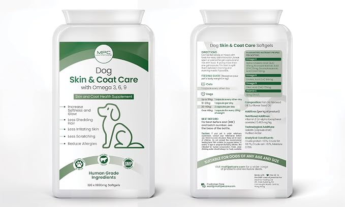 Dog Skin & Coat Supplement | Omega 3-6-9 Softgel Capsules | EPA, DHA & Linoleic Acid | Reduces Itching, Shedding & Dry Skin | Visibly Shinier Coat | Human Grade Ingredients | UK GMP | 120 Count