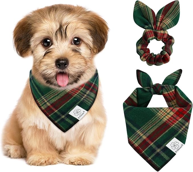 E-Clover Christmas Dog Bandana & Matching Scrunchie Green Red Plaid Pet Dog Scarf Cute, Small-set of 1, Small, Green