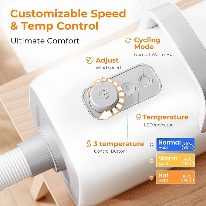 Pecute High-Velocity Dog Dryer, Adjustable Speed & Temp, 6.5ft Cord | Heat-resistant hose, pet grooming salon, cool-warm-hot cycle, 4 nozzles, soft noise, quick drying, overload protection