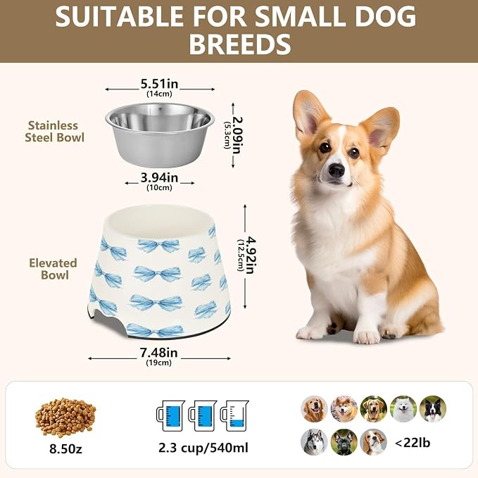Blueangle Elevated Dog Bowls with Stainless Steel - Non-Slip 2.3 Cup High Capacity Pet Dish for Spinal Health & Watercolor Blue Bows Design（463）