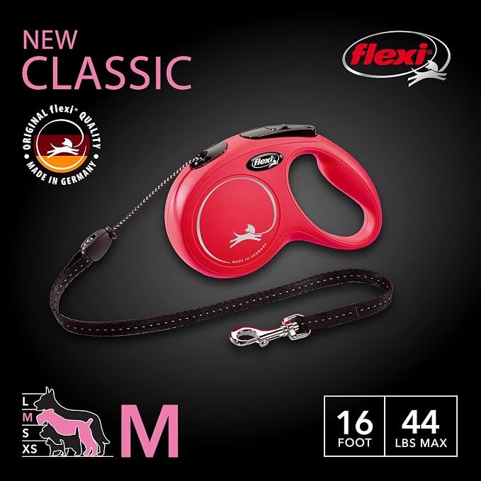 FLEXI® Classic Cord Retractable Dog Leash, Medium, 16 ft - Red | German engineered, original flexi leash, durable quality for dogs up to 44 lbs, tangle-free, walking, reliable brake system