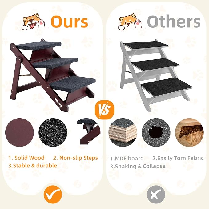 MEWANG Wooden Pet Stairs/Pet Steps - 3-in-1 Foldable Stairs & Ramp for Beds and Cars - Portable Dog/Cat Ladder Up to 220 Pounds - Great for Small and Older Animals(Brown) (24.8" L x 17.2" W x 19.5" H)