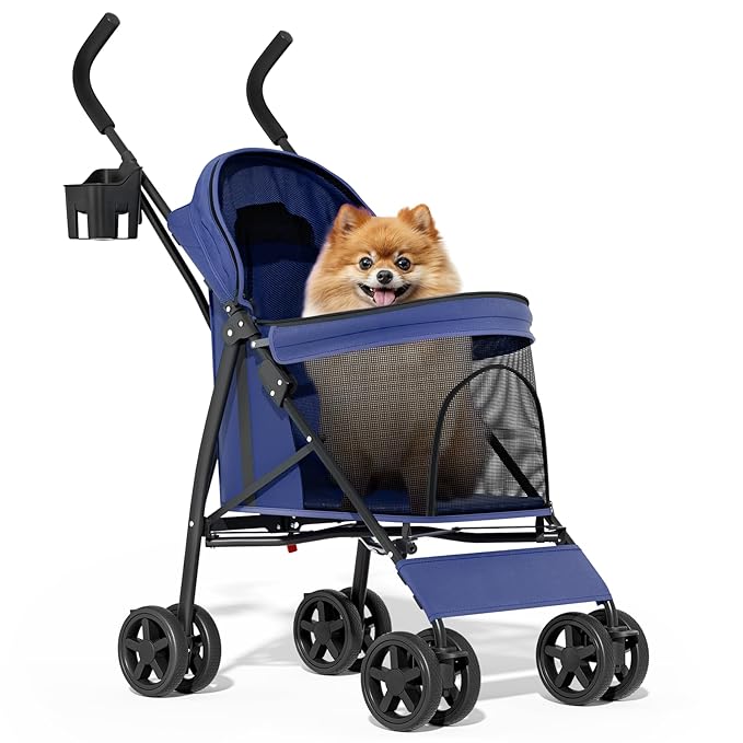 MoNiBloom 4-Wheel Foldable Pet Stroller - Navy Blue, up to 22lbs