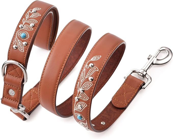 Blueberry Pet Western Cowboy Premium Brown Leather Dog Leash with Decorative Floral Design