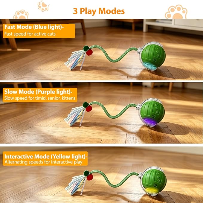 Interactive Cat Toys Ball for Indoor Cats, Automatic Self-Rolling, Motion-Activated, Bird Chirping Cats Dogs Ball Toy with Elastic Mesh Tail, Cat Enrichment Toys for Indoor Cats (Green)