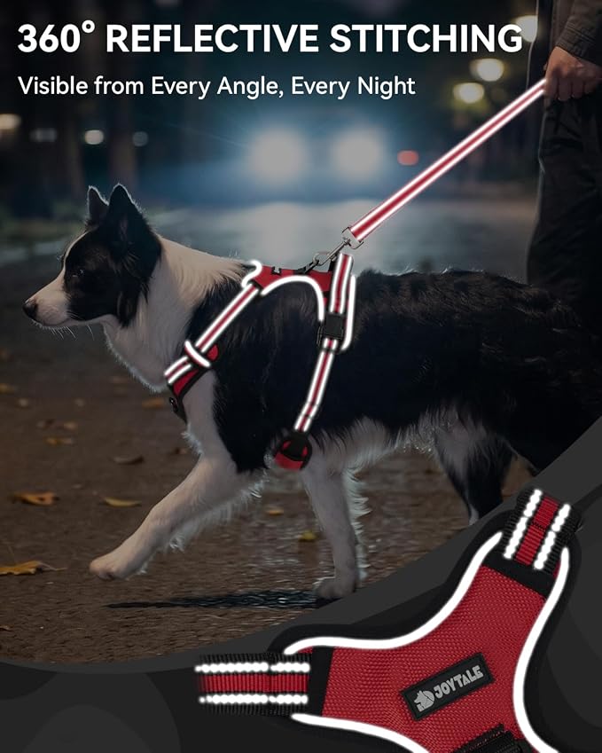 Joytale No Pull Dog Harness & Seat Belt, Easy On 3-Buckle, L, Red | Front Clip Reduces Pulling, Escape-Resistant Design, Adjustable Fit, Soft Padding for Comfort, Secure Tether for Safer Travel